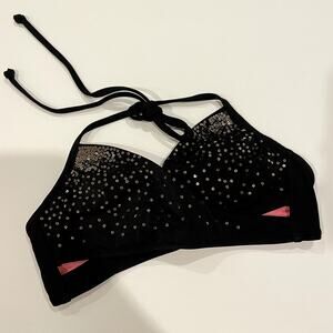 Victoria's Secret PINK Bikini Top Womens Small Black Gold Sequin Crossover Front